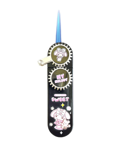 NIVEK Rocker Arm Lighter Gear Dial Lighter Kitty KT Cat Melody Kulomi Japanese Character Kawaii Blue Flame Jet Torch Refillable Black with Silver Rocker Dial (Melody) - Renee Lane Company