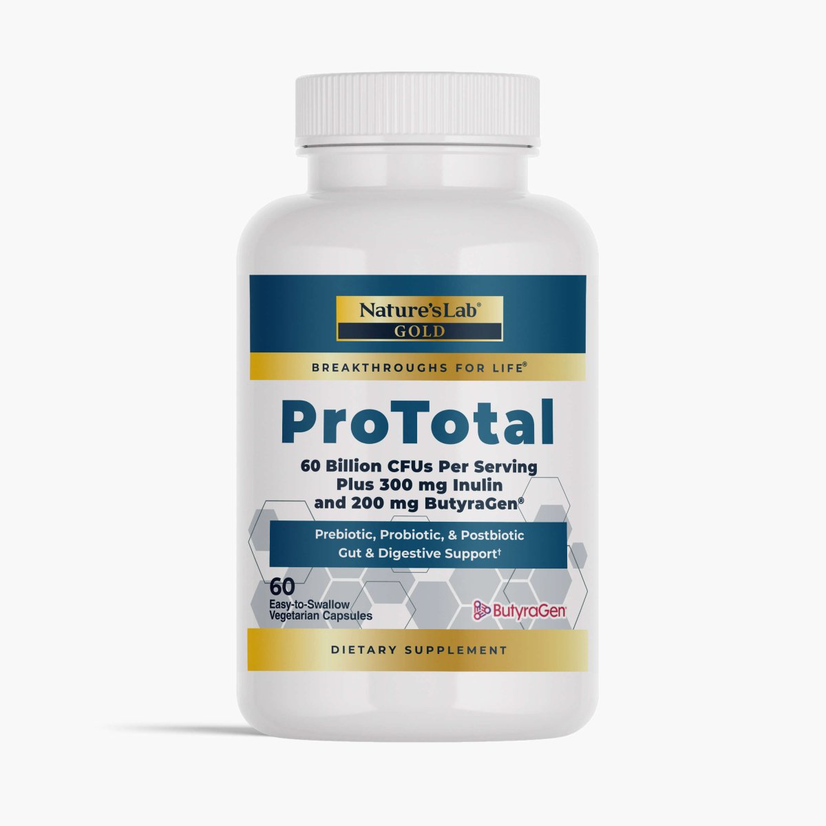 ProTotal dietary supplement bottle with gold Nature'sLab label, 60 capsules