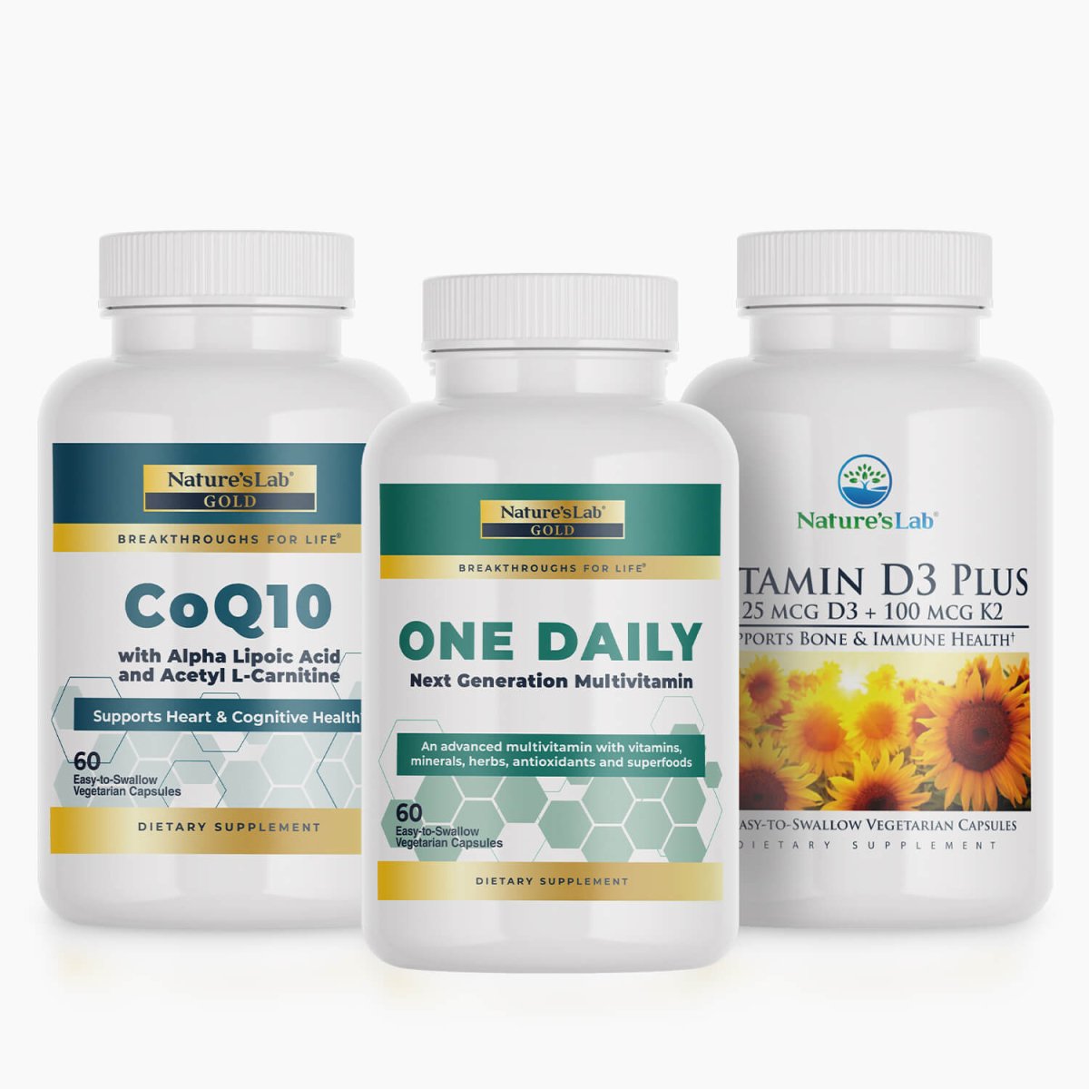 Dietary supplement bottles, white with blue and green label panels and ribbed white caps