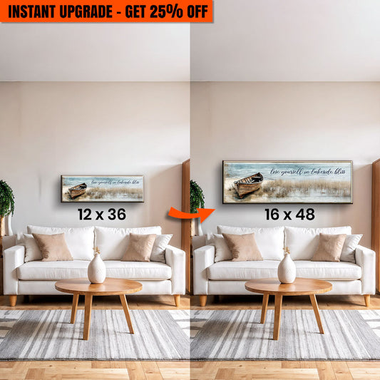 Framed canvas wall art with lake house dock and cursive text, two sizes shown