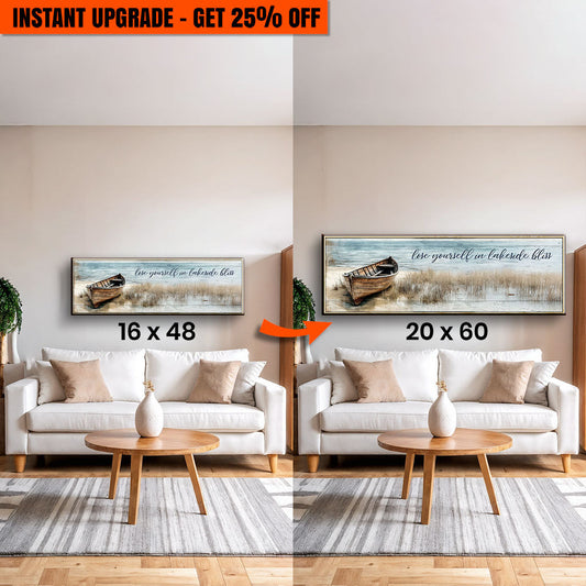 Coastal lake boat canvas wall art with script lettering, shown in 16x48 and 20x60