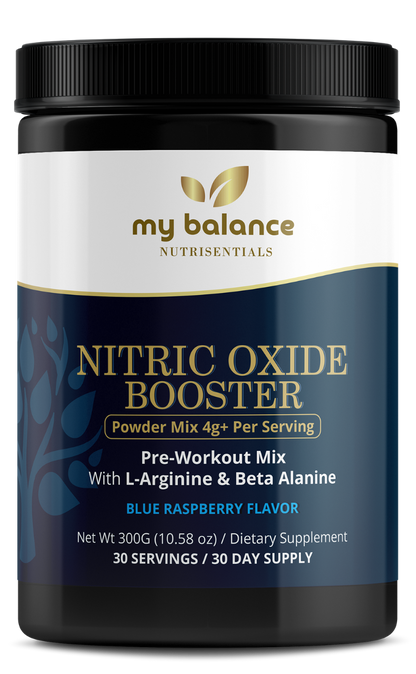 Nitric oxide booster powder mix bottle, Blue Raspberry flavor, my balance