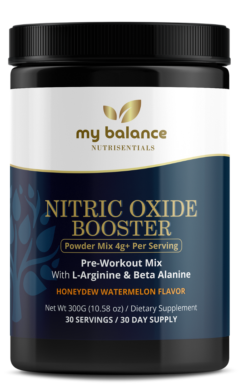 Nitric oxide booster powder mix bottle, honeydew-watermelon flavor front label