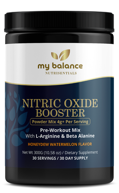 Nitric oxide booster powder mix bottle, honeydew-watermelon flavor front label