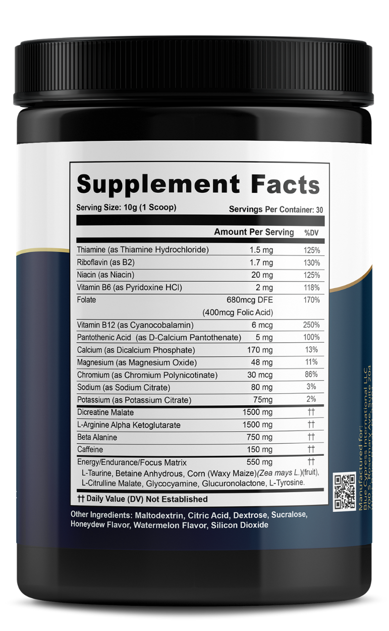 Nitric oxide booster mix bottle, Supplement Facts panel with serving amounts