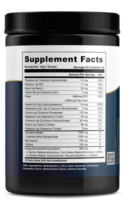 Nitric oxide booster mix bottle, Supplement Facts panel with serving amounts