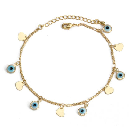 Charm bracelet with gold chain, blue evil-eye beads, and small heart charms