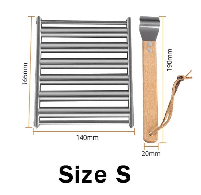 Hot dog roller Size S dimensions diagram, stainless rack and wooden handle