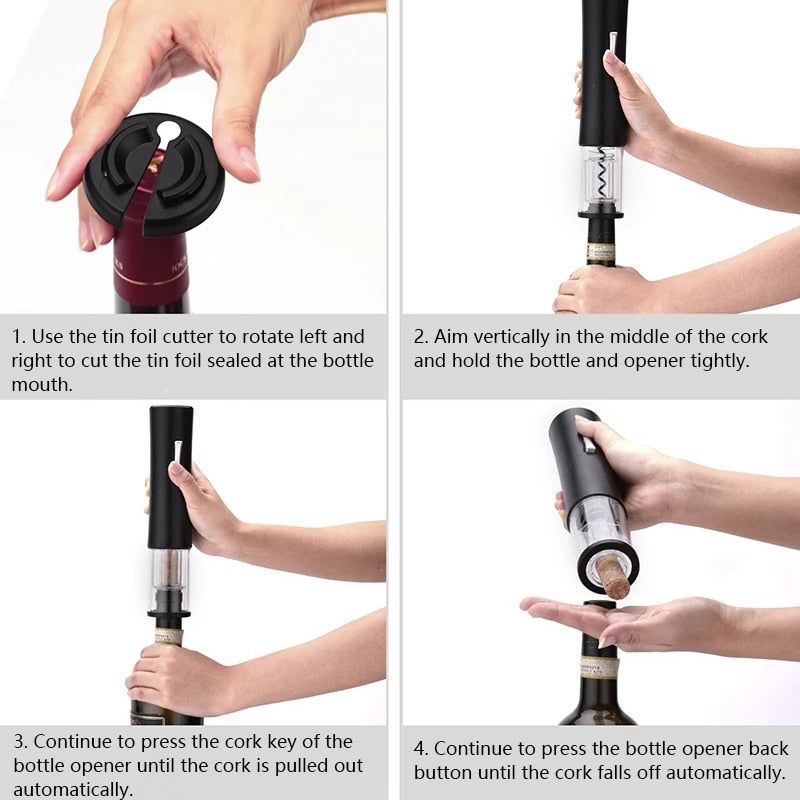 Black automatic wine bottle opener with foil cutter and cork removal step shown