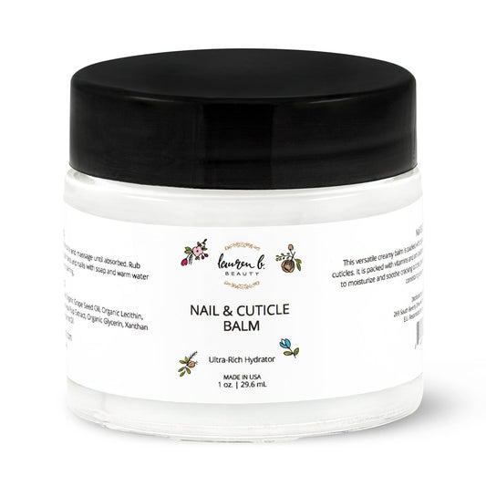 Nail and cuticle balm jar with black lid, white label