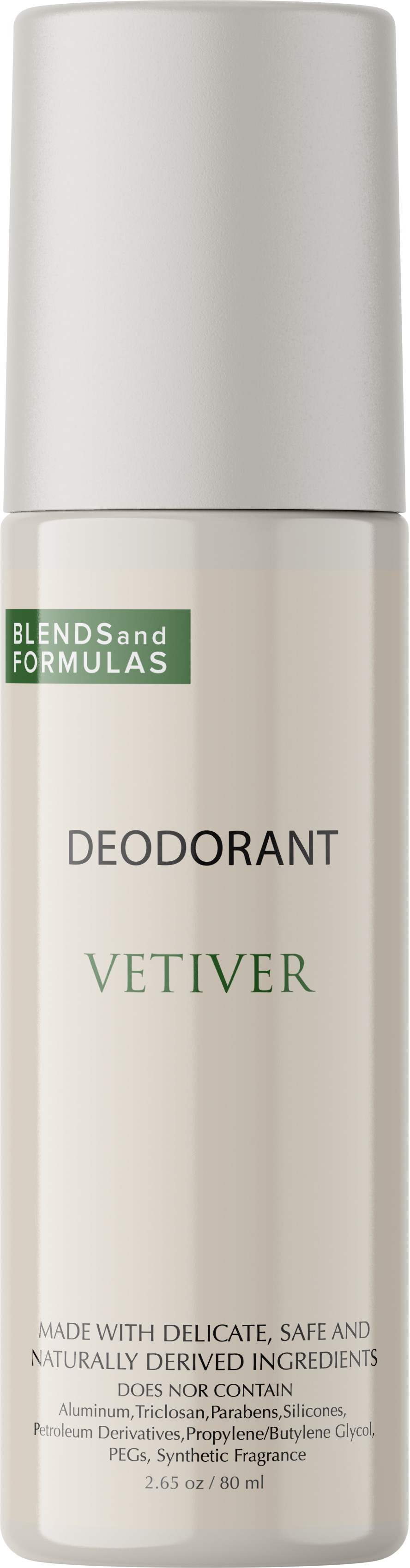 Cream deodorant container with cap, Vetiver label and Blends and Formulas branding