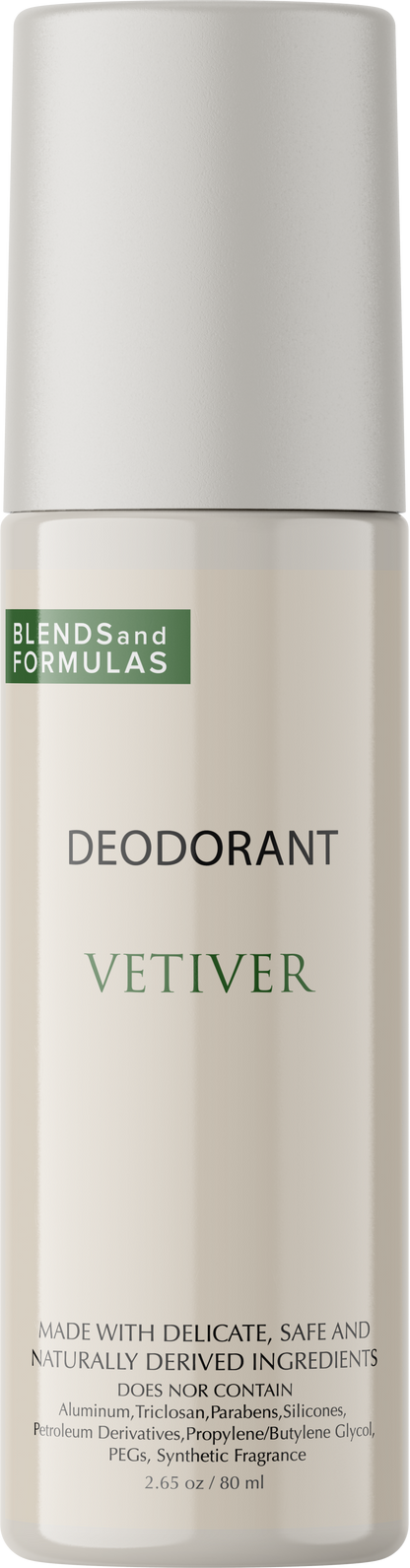 Cream deodorant container with cap, Vetiver label and Blends and Formulas branding