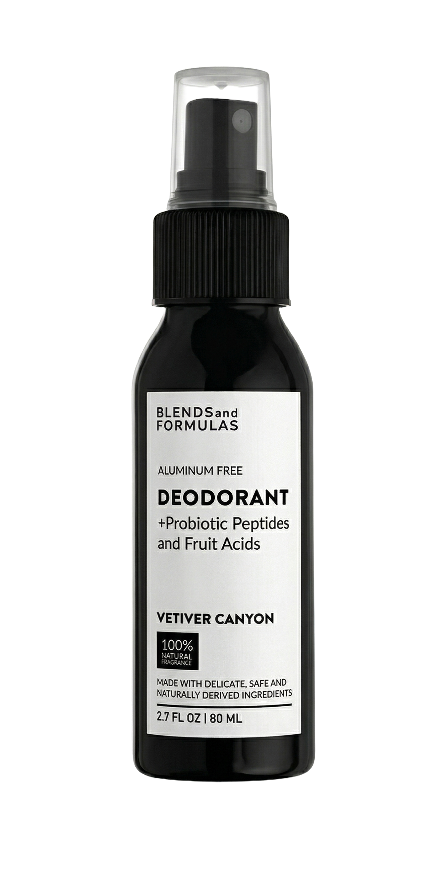 Aluminum-free deodorant spray bottle with black pump, Vetiver Canyon scent