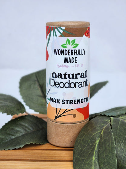 Natural deodorant stick in cardboard tube, Max Strength, bold orange label.