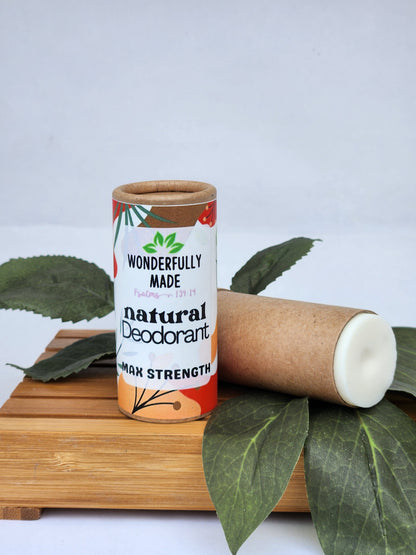 Natural deodorant stick in cardboard tube, Max Strength, with white deodorant top.