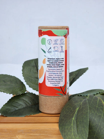 Natural deodorant stick in cardboard tube, back label with ingredient and use claims.