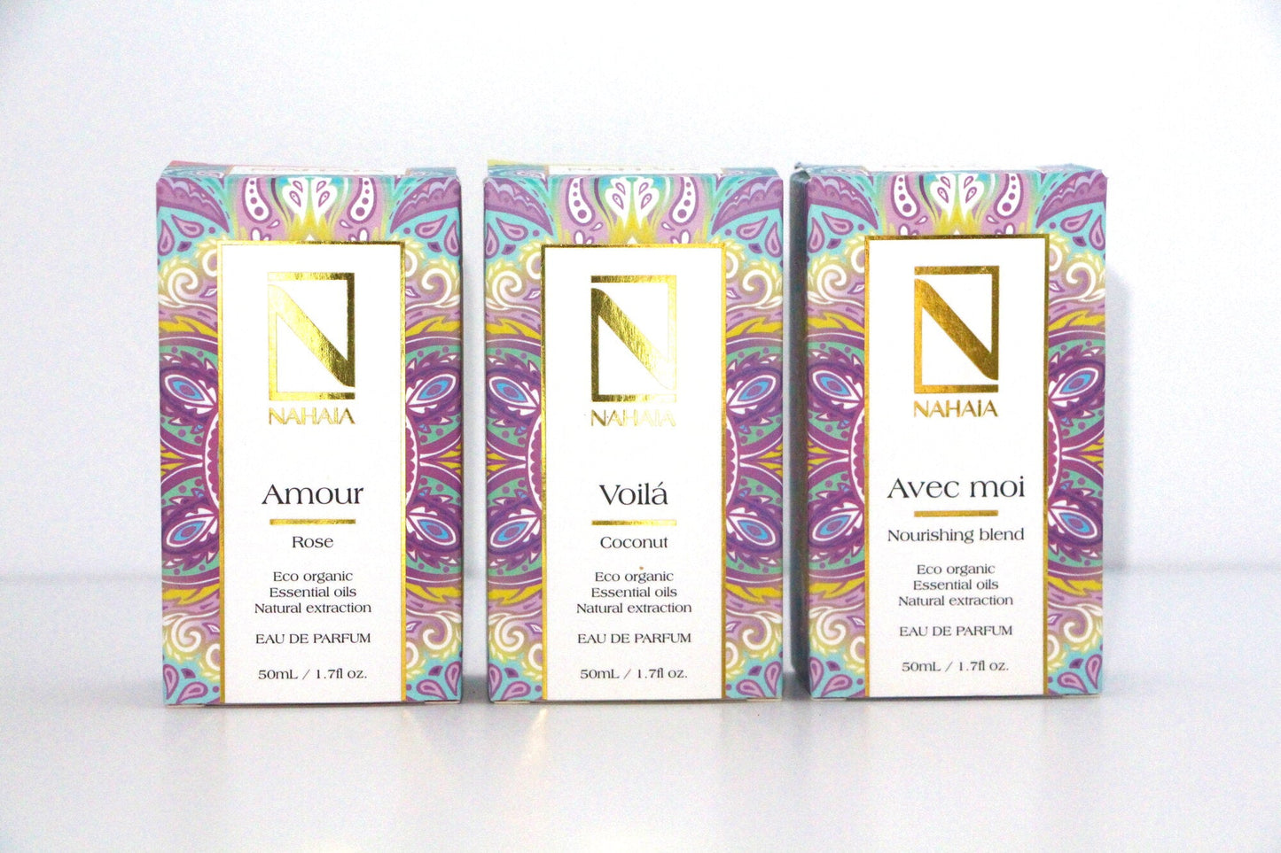 Natural Perfume Gift Set      3 × 1.76 fl oz Eau de Parfum A luxury trio of organic essential oil perfumes: Nourishing Blend, Rose, and Coconut. Natural, non-synthetic, sensual, and uplifting. - Renee Lane Company