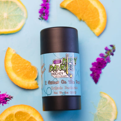 Natural deodorant stick bottle with black cap and blue label graphic, centered.