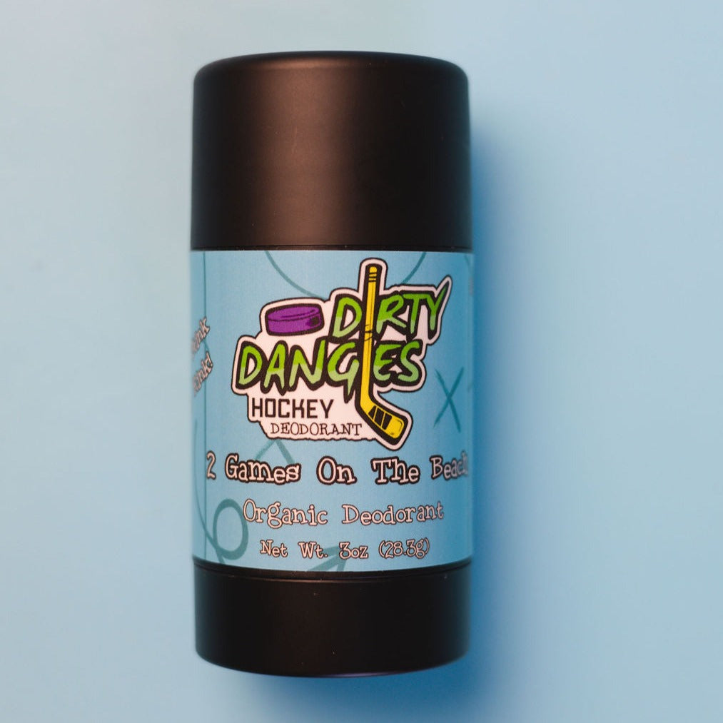 Deodorant stick bottle with black cap and blue label reading "Dirty Danges Hockey".