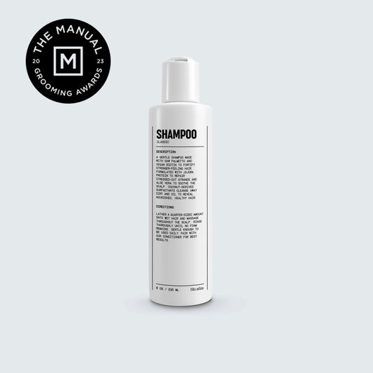 Natural shampoo bottle with white pump top and SHAMPOO front label