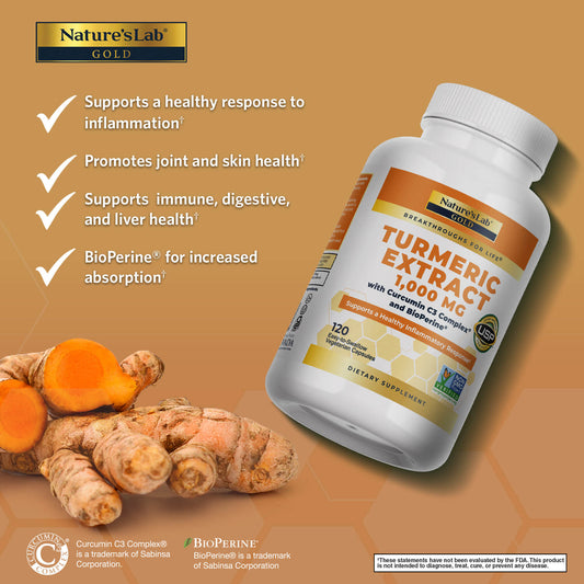 Nature's Lab Gold Turmeric Extract with Curcumin C3 Complex and BioPerine  - 120 Capsules - Renee Lane Company