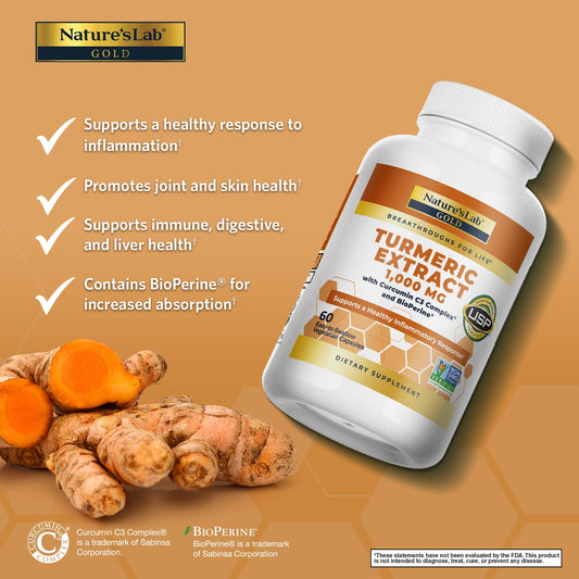 Nature's Lab Gold Turmeric Extract with Curcumin C3 and BioPerine - 60 capsules - Renee Lane Company