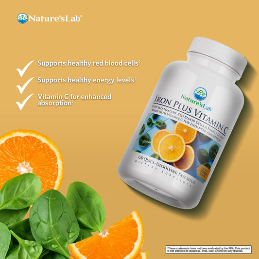 Nature's Lab Iron Plus Vitamin C Fast Melt Tablets - 120 Tablets - Renee Lane Company