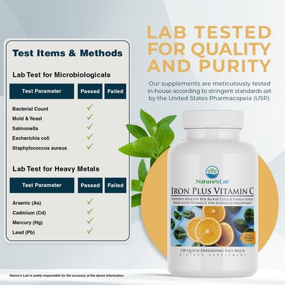 Nature's Lab Iron Plus Vitamin C Fast Melt Tablets - 120 Tablets - Renee Lane Company