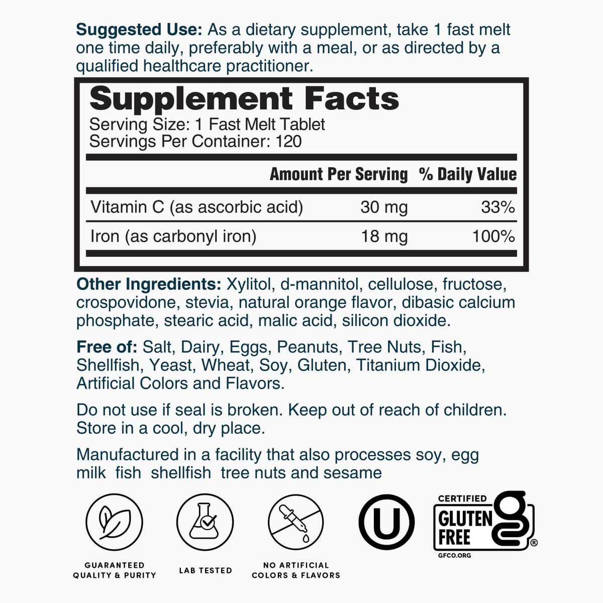 Nature's Lab Iron Plus Vitamin C Fast Melt Tablets - 120 Tablets - Renee Lane Company