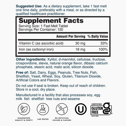 Nature's Lab Iron Plus Vitamin C Fast Melt Tablets - 120 Tablets - Renee Lane Company