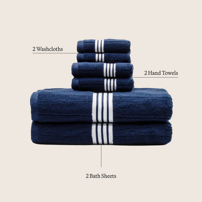 Navy cotton towel set with white triple stripe bands, stacked in folded layers.