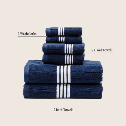 Navy cotton towel set with white triple stripe bands, stacked for display.