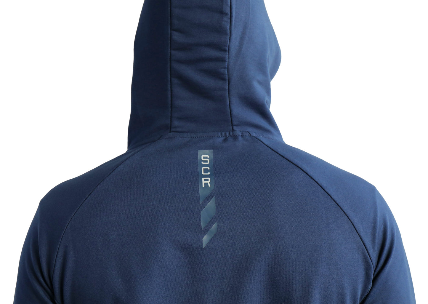 Navy hooded zip sweatshirt back yoke detail with small logo on neck.