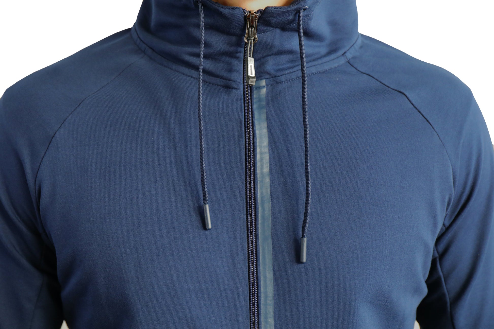 Navy zip-front hooded sweatshirt with drawstring cords and metal zipper pull.
