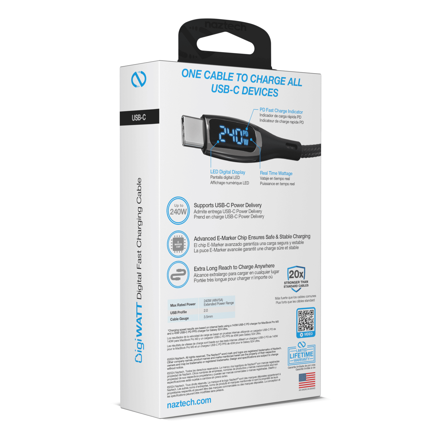 Naztech DigiWATT USB-C to USB-C Digital LED Cable 12ft - Renee Lane Company