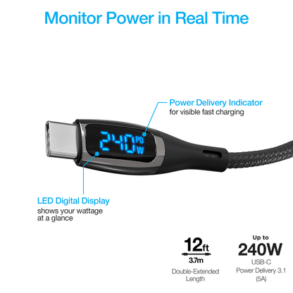 Naztech DigiWATT USB-C to USB-C Digital LED Cable 12ft - Renee Lane Company