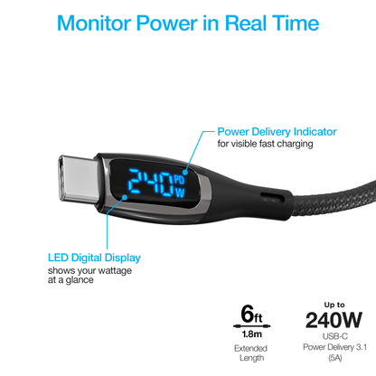 Naztech DigiWATT USB-C to USB-C Digital LED Cable 6ft - Renee Lane Company