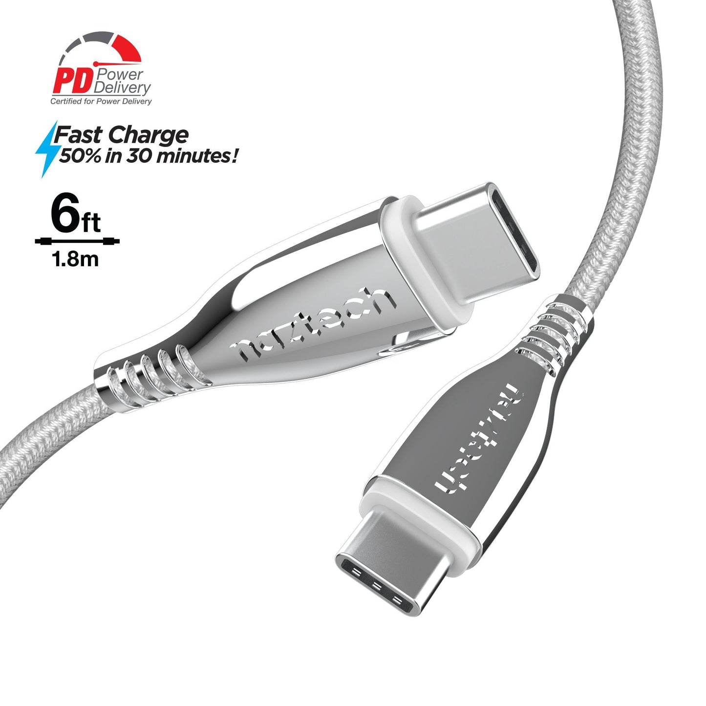 Naztech Titanium USB-C to USB-C Braided Cable 6ft - Renee Lane Company