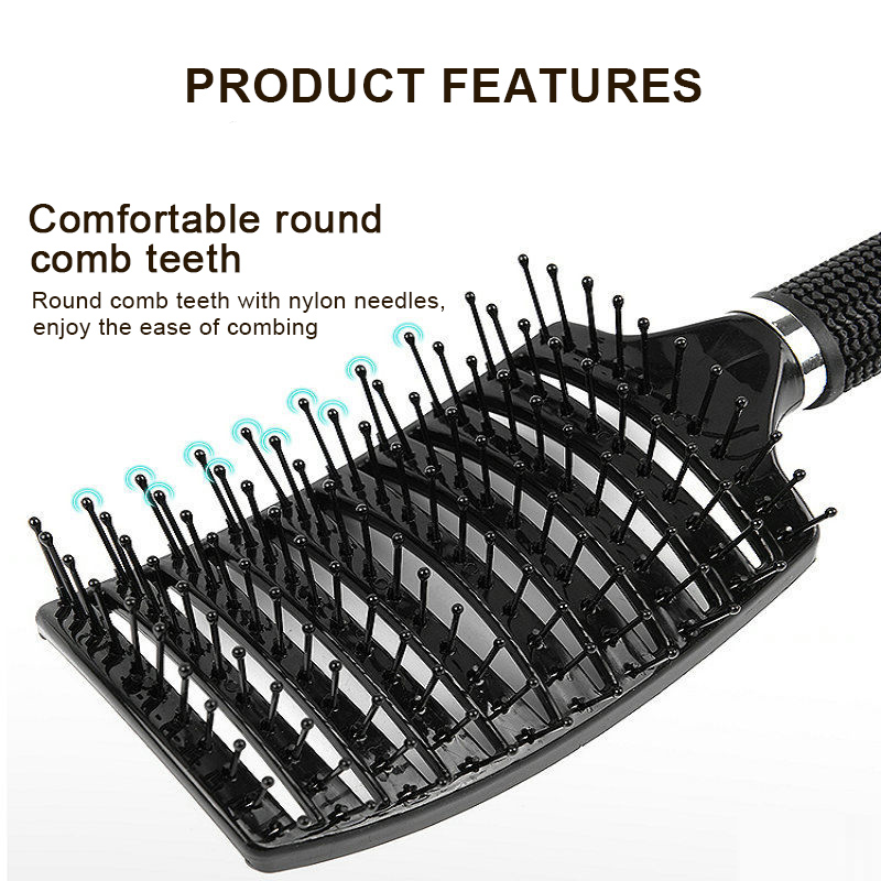 Hair comb with black base and short needle bristles on a round pad