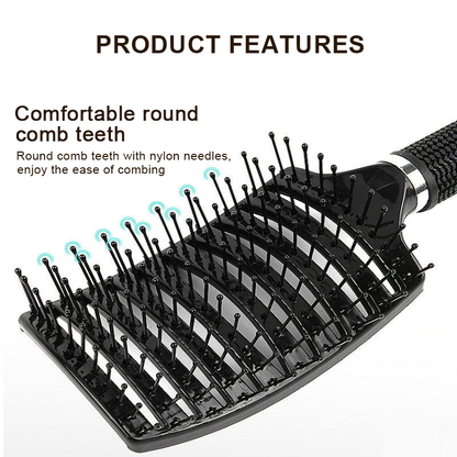 Hair comb with black base and short needle bristles on a round pad