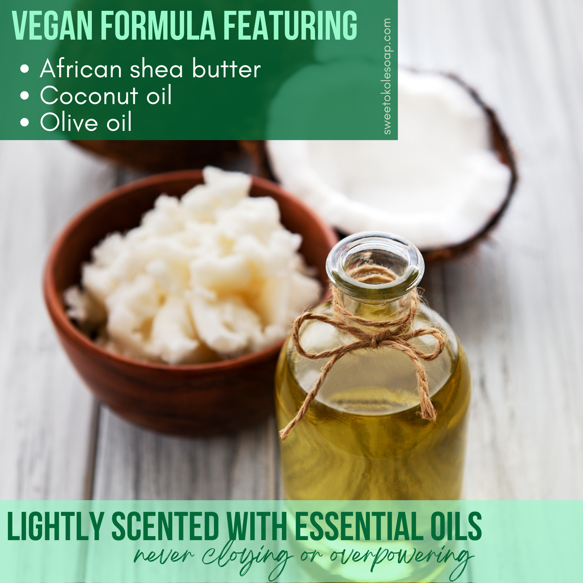 Neem Bark & Patchouli Soap vegan formula graphic with olive oil bottle and white shea butter