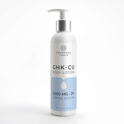 GHK-Cu body lotion bottle with pump, 2% copper peptide label