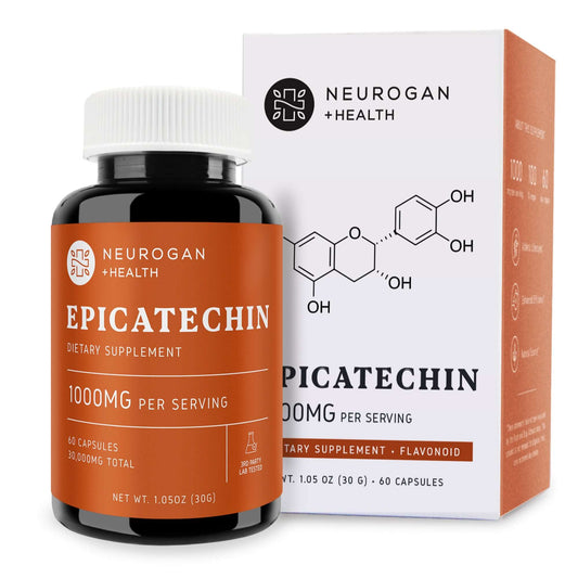 Epicatechin supplement bottle with orange label and 60 capsules, 1000 mg per serving