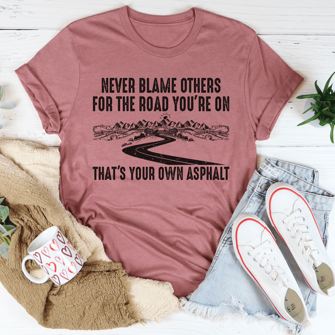 Maroon crewneck T-shirt with road graphic and slogan text print
