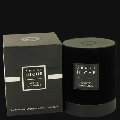 Armaf Niche White Diamond eau de toilette spray set: black bottle and box, white label
