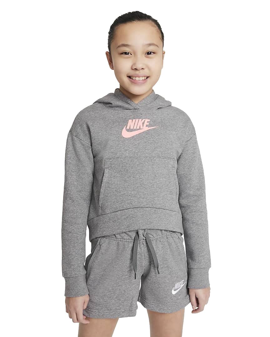 Nike Girls Sportswear Club Fleece Hoodie (Little Kids/Big Kids) Carbon Heather/Arctic Punch XS (6-7 Little Kid) - Renee Lane Company