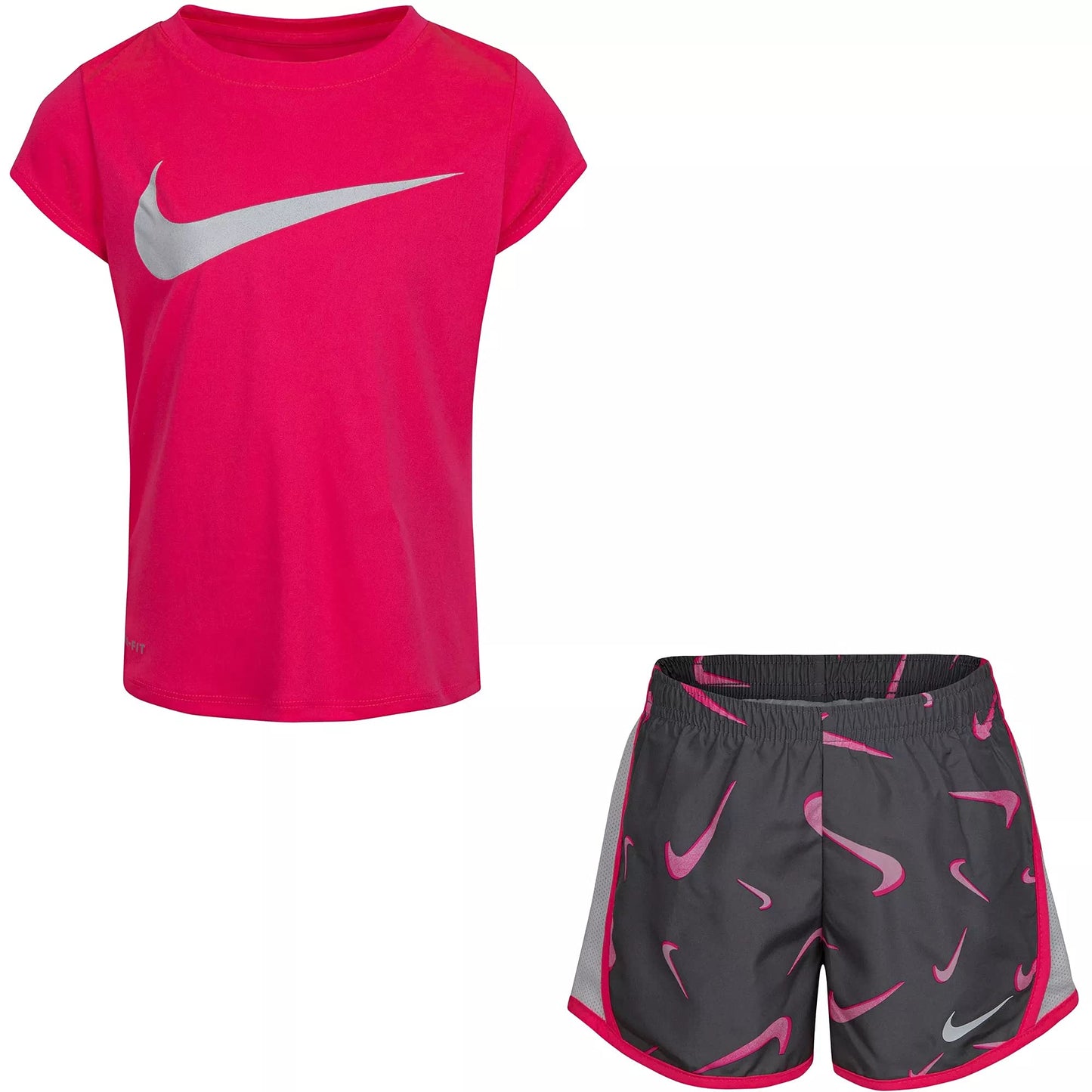 Nike Little Girls Dri-Fit Swoosh All Over Print T-Shirt and Shorts 2 Piece Set (Grey(26H664-M19)/Pink 2T 2_Years) - Renee Lane Company