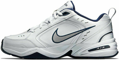 Nike Mens Air Monarch IV Walking Shoes White/Metallic Silver/Midnight Navy Size 11.5 - Renee Lane Company