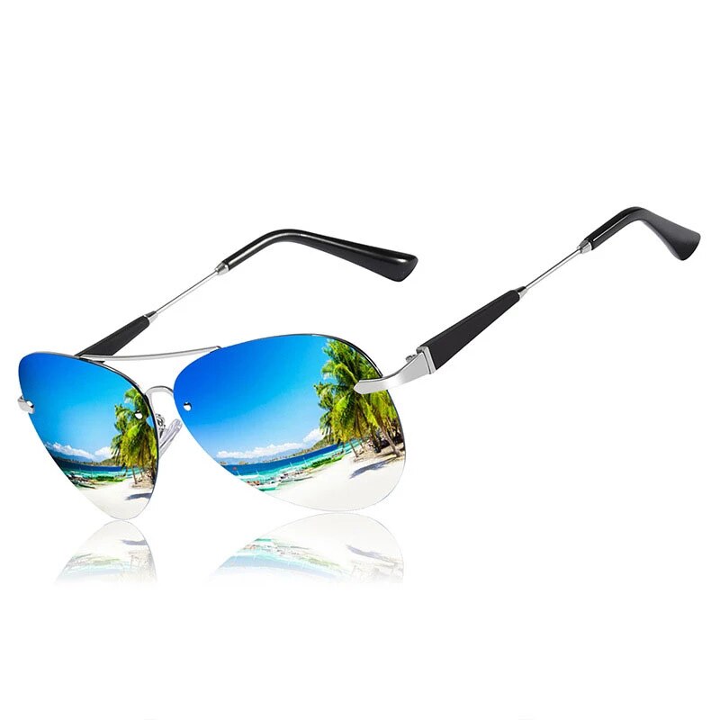Men’s sunglasses with reflective blue lenses and black arms, silver frame