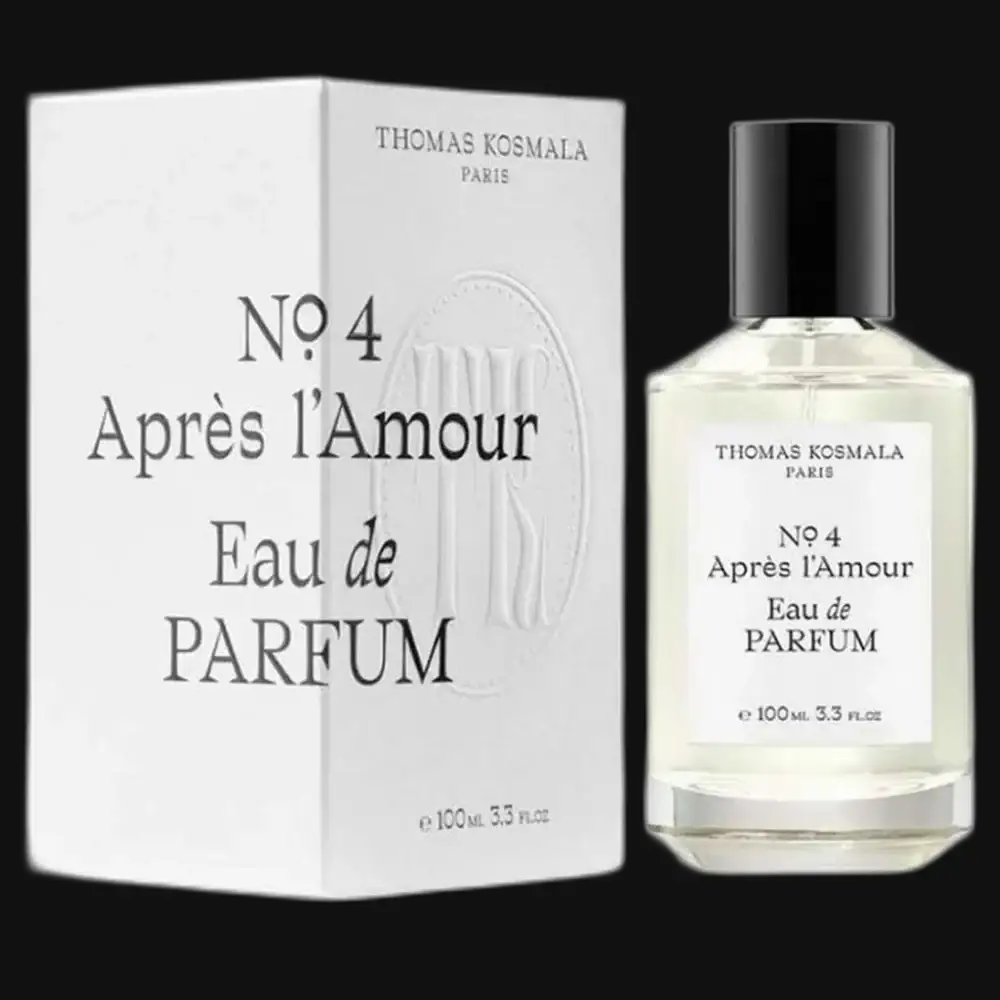 Unisex perfume elixir bottle with clear glass and black cap, paired with white box